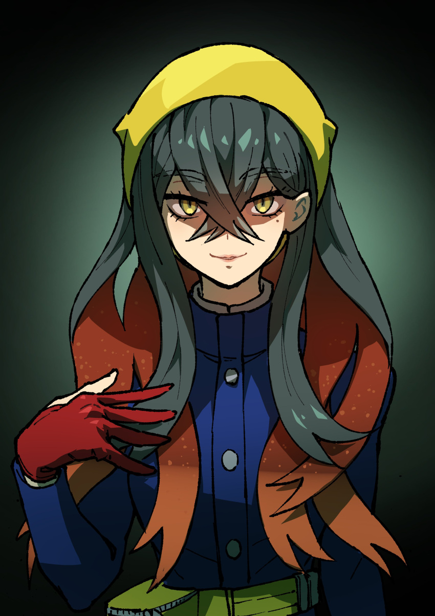 1girl absurdres black_background black_hair blue_jacket buttons carmine_(pokemon) cropped_torso crossed_bangs evil_smile facing_viewer fanny_pack gloves gradient_background hair_between_eyes hairband high_collar highres jacket light_smile long_hair looking_at_viewer mole multicolored_hair partially_fingerless_gloves pokemon pokemon_(game) pokemon_sv red_gloves simple_background smile two-tone_hair yellow_eyes yellow_hairband youko-shima