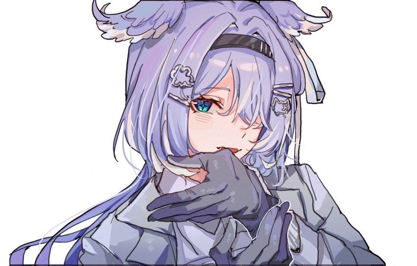 +_+ 1girl biting black_gloves black_hairband blue_eyes blush cat_hair_ornament collared_shirt commentary_request elira_pendora elira_pendora_(4th_costume) glove_biting gloves grey_jacket grey_shirt hair_ornament hair_over_one_eye hairband hairclip hands_up head_wings highres jacket long_hair looking_at_viewer nijisanji nijisanji_en open_mouth portrait purple_hair shirt simple_background solo upper_body virtual_youtuber white_background wings xiongbingbisata