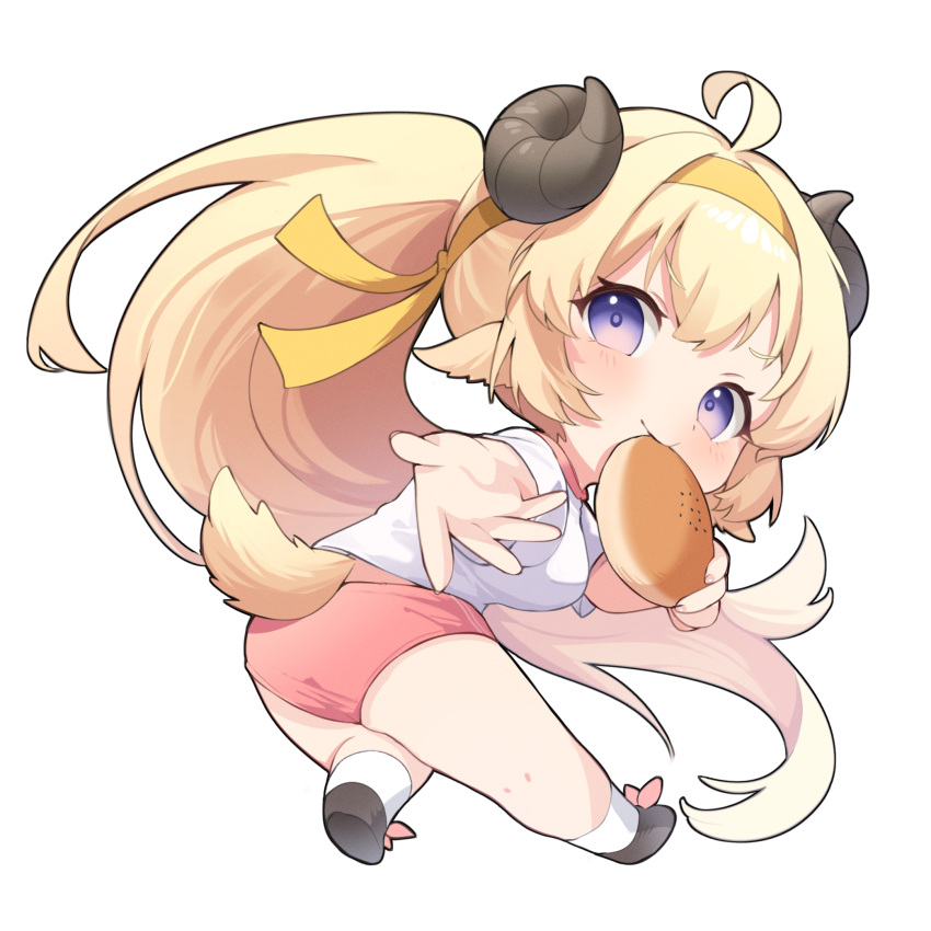 1girl ahoge alternate_costume alternate_hairstyle animal_ears beckoning blonde_hair blush bread_eating_race buruma chibi closed_mouth commentary curled_horns eat_some_cookie food gym_uniform headband highres holding holding_food hololive horns leaning_forward lifted_by_tail long_hair looking_at_viewer mouth_hold ponytail reaching reaching_towards_viewer red_buruma sheep_ears sheep_girl sheep_horns sheep_tail shirt simple_background smile socks solo t-shirt tail tsunomaki_watame very_long_hair violet_eyes virtual_youtuber white_background white_headband white_shirt white_socks