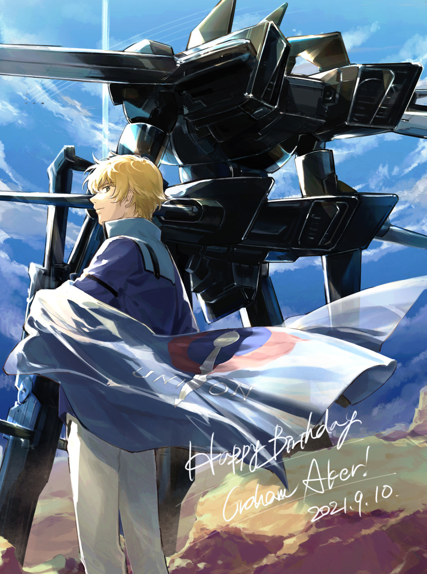 1boy 2021 absurdres armor black_armor blonde_hair blue_flag blue_jacket blue_sky character_name closed_mouth clouds cloudy_sky commentary_request dated flag from_behind graham_aker green_eyes gundam gundam_00 happy_birthday highres holding holding_flag holding_weapon jacket light_smile long_sleeves looking_at_viewer looking_back mecha military_jacket military_uniform mobile_suit nanao_parakeet outdoors pants robot science_fiction short_hair sky standing uniform union_flag very_short_hair weapon white_pants wings