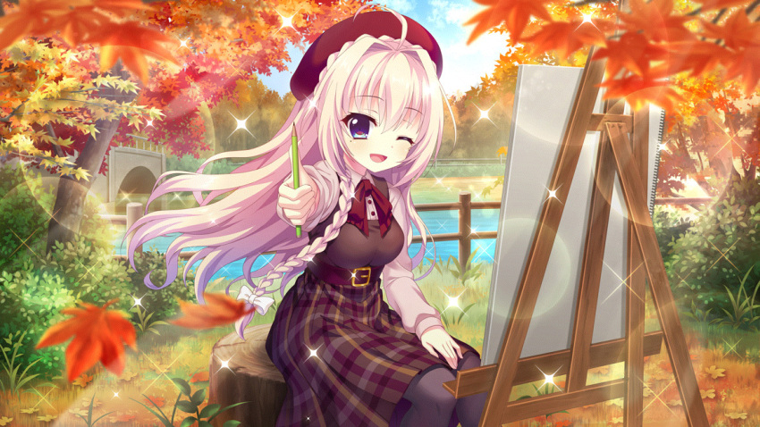 1girl ahoge arch autumn_leaves belt beret black_pantyhose blue_eyes blue_sky blurry blurry_foreground bow braid breasts bridge brown_belt crown_braid day dot_nose easel fence film_grain game_cg hair_bow hand_on_lap hat holding holding_pencil izumi_tsubasu lens_flare long_braid long_sleeves looking_at_viewer medium_breasts mole mole_under_each_eye mole_under_eye non-web_source official_art one_eye_closed open_mouth outdoors pantyhose pencil plaid plaid_skirt re:stage! red_bow red_headwear river shiratori_amaha_(re:stage!) single_braid sitting sitting_on_tree_stump skirt sky smile solo sparkle tree tree_stump underbust white_bow wooden_fence
