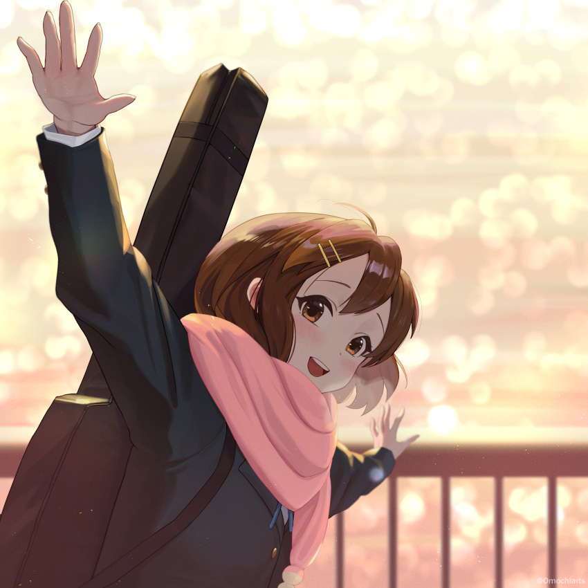1girl :d absurdres blue_ribbon blurry blurry_background blush bokeh brown_eyes brown_hair commentary depth_of_field guitar_case hair_between_eyes hair_ornament hairclip highres hirasawa_yui instrument_case k-on! long_sleeves neck_ribbon omochiarts open_mouth outdoors outstretched_arms pink_scarf ribbon round_teeth sakuragaoka_high_school_uniform scarf school_uniform shirt short_hair smile solo teeth twitter_username upper_body upper_teeth_only white_shirt winter_clothes winter_uniform