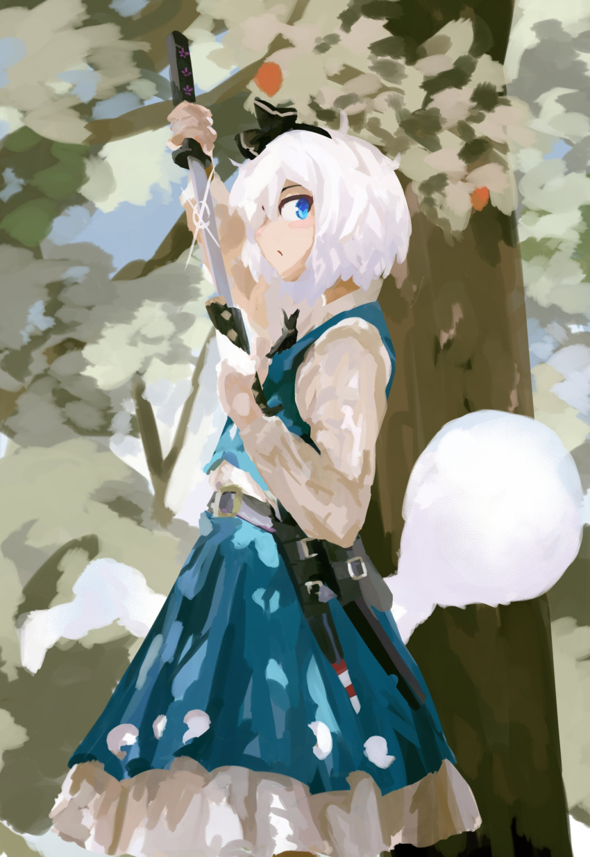 1girl absurdres black_hairband blue_eyes closed_mouth commentary english_commentary from_side ghost green_skirt green_vest hairband highres holding holding_sword holding_weapon konpaku_youmu konpaku_youmu_(ghost) long_sleeves looking_at_viewer outdoors photo-referenced shirt short_hair skirt solo sword touhou tree vest voidredhollow weapon white_hair white_shirt