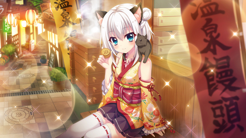 1girl alley animal_ears animal_on_shoulder architecture banner bare_shoulders black_cat black_skirt blue_eyes cat cat_ears cat_on_shoulder closed_mouth detached_sleeves dot_nose east_asian_architecture film_grain floral_print game_cg grate hair_bun holding izumi_tsubasu japanese_clothes kimono lantern lens_flare looking_at_viewer manhole_cover nishidate_haku non-web_source obi official_art on_bench outdoors paper_lantern plant potted_plant print_kimono re:stage! red_sash sash sidelocks single_side_bun sitting sitting_on_bench skirt smile solo sparkle stone_walkway thigh-highs white_hair white_thighhighs yellow_kimono zettai_ryouiki