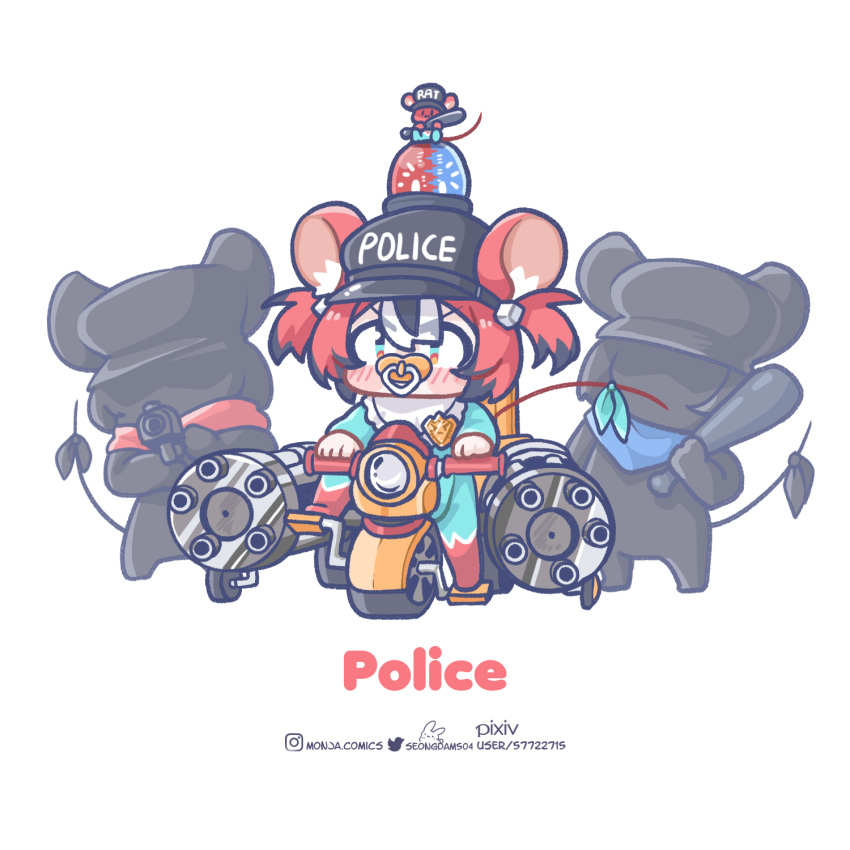 1girl 2others animal_ears black_hair blush_stickers bow chibi colored_tips commentary english_commentary english_text gatling_gun hakos_baelz highres hololive hololive_english instagram_username monja_(monja0521) mouse_ears mouse_girl mouse_tail mr._squeaks_(hakos_baelz) multicolored_hair multiple_others onesie pacifier pixiv_username redhead riding_tricycle simple_background solo_focus streaked_hair tail tail_bow tail_ornament tricycle twintails twitter_username v-shaped_eyebrows virtual_youtuber white_background white_hair