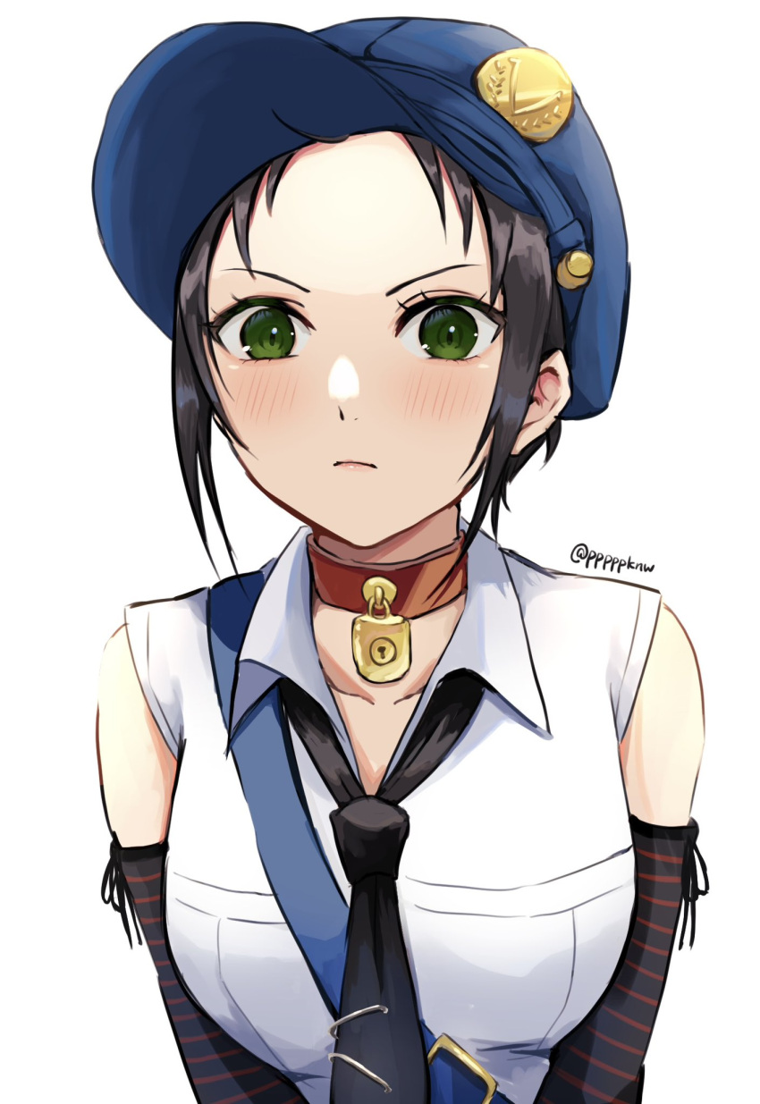 1girl bare_shoulders black_gloves black_hair black_necktie blue_headwear blush cabbie_hat closed_mouth collared_shirt commentary elbow_gloves forehead gloves green_eyes hat highres lock looking_at_viewer marie_(persona_4) necktie padlock padlocked_collar persona persona_4 persona_4_the_golden pppppknw shirt short_hair simple_background sleeveless sleeveless_shirt solo striped striped_gloves twitter_username white_background white_shirt