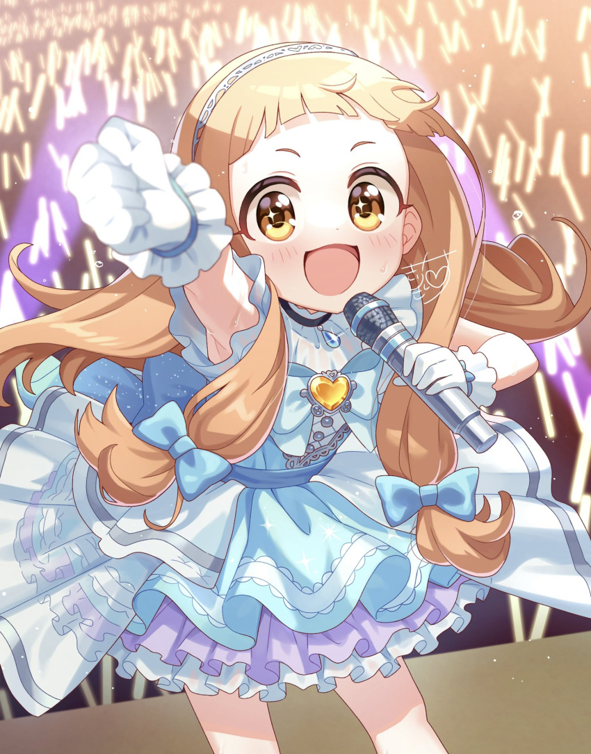 1girl armpit_peek blue_bow blue_bowtie blue_dress blunt_bangs blush bow bowtie brown_eyes child clenched_hand commentary dot_nose dress euphoniummatsu gem gloves hair_bow hairband hand_up highres holding holding_microphone ichihara_nina idol idolmaster idolmaster_cinderella_girls layered_dress light_brown_hair long_hair looking_at_viewer microphone open_mouth see-through sidelocks signature smile solo sparkling_eyes stage sweat white_gloves white_hairband