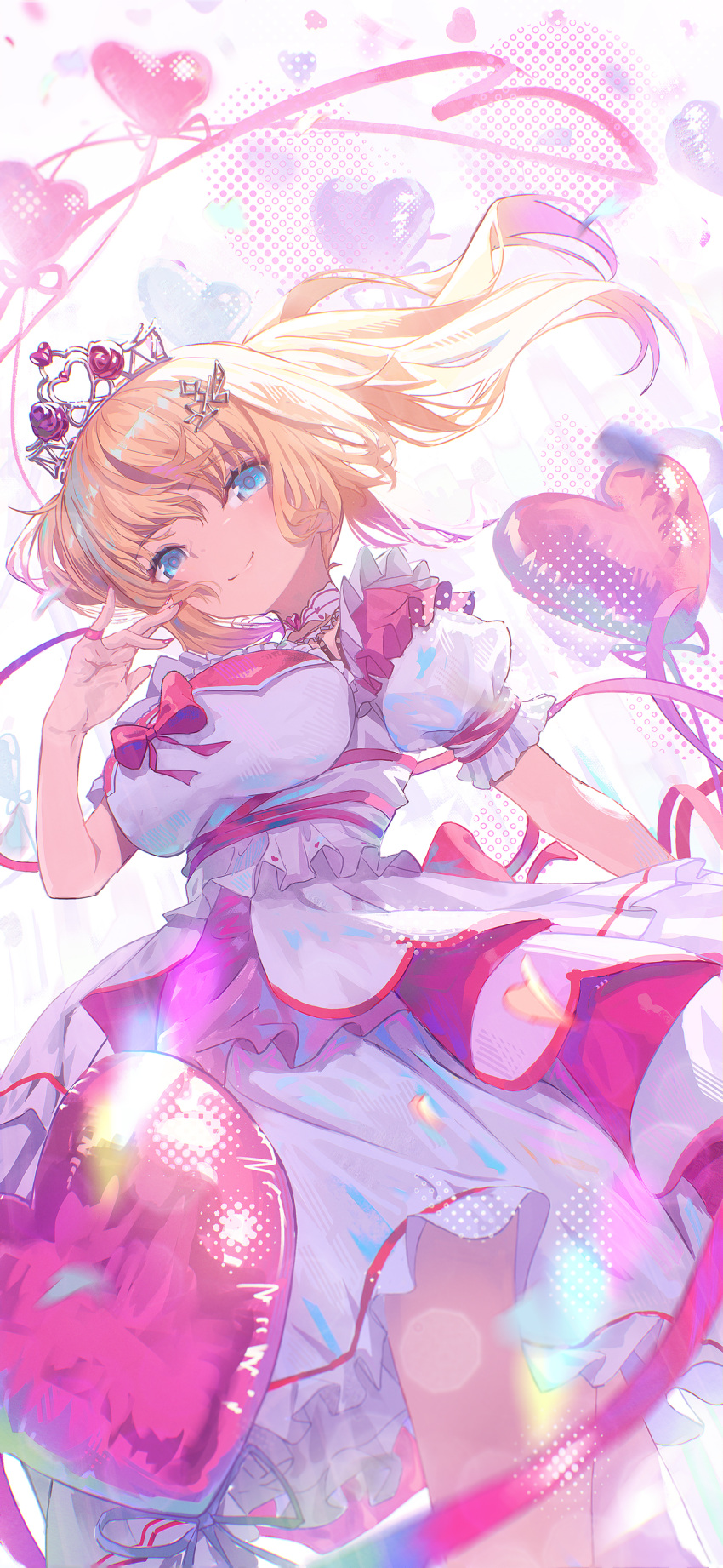 1girl absurdres akai_haato akai_haato_(6th_costume) balloon blonde_hair blue_eyes collar detached_collar finger_ribbon frilled_collar frilled_shirt frilled_skirt frills heart_balloon highres hololive looking_at_viewer misago_(525) nail_polish official_alternate_costume overskirt red_nails red_ribbon red_skirt ribbon shirt short_hair sidelocks skirt smile solo tiara twintails virtual_youtuber white_collar white_shirt