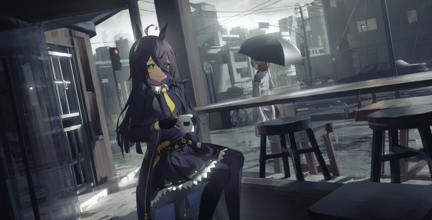 2girls agnes_tachyon_(umamusume) ahoge animal_ears black_hair black_jacket black_pantyhose black_shirt black_skirt brown_hair cafe closed_mouth coat coffee_mug cup dated_commentary earrings feet_out_of_frame hair_between_eyes highres holding holding_cup holding_umbrella horse_ears horse_girl horse_tail jacket jewelry lab_coat long_hair long_sleeves looking_at_viewer manhattan_cafe_(umamusume) mug multicolored_hair multiple_girls necktie open_clothes open_jacket outdoors pantyhose pleated_skirt rain red_eyes shirt single_earring sitting skirt smile stool streaked_hair tail traffic_light umamusume umbrella white_coat white_hair yellow_eyes yellow_necktie youxing