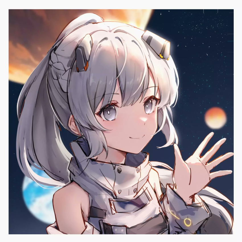 1girl beizhi braid closed_mouth detached_sleeves dress fake_horns french_braid grey_dress grey_eyes grey_hair grey_horns grey_sleeves hair_between_eyes headgear highres horns looking_at_viewer nanami:_pulse_(gray_feathers:_pulse)_(punishing:_gray_raven) ponytail punishing:_gray_raven sidelocks smile solo upper_body