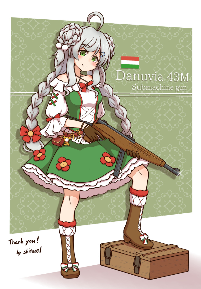 1girl 43m_(girls'_frontline) ahoge ammunition_box ammunition_pouch belt blush boots bow braid brown_gloves commission commissioner_upload danuvia_43m double_bun dress gloves green_dress green_eyes hair_bun hair_ornament hairclip highres hungarian_clothes hungarian_flag leather leather_boots looking_at_viewer pouch red_bow shitacemayo simple_background skeb_commission stuffed_animal stuffed_toy white_hair