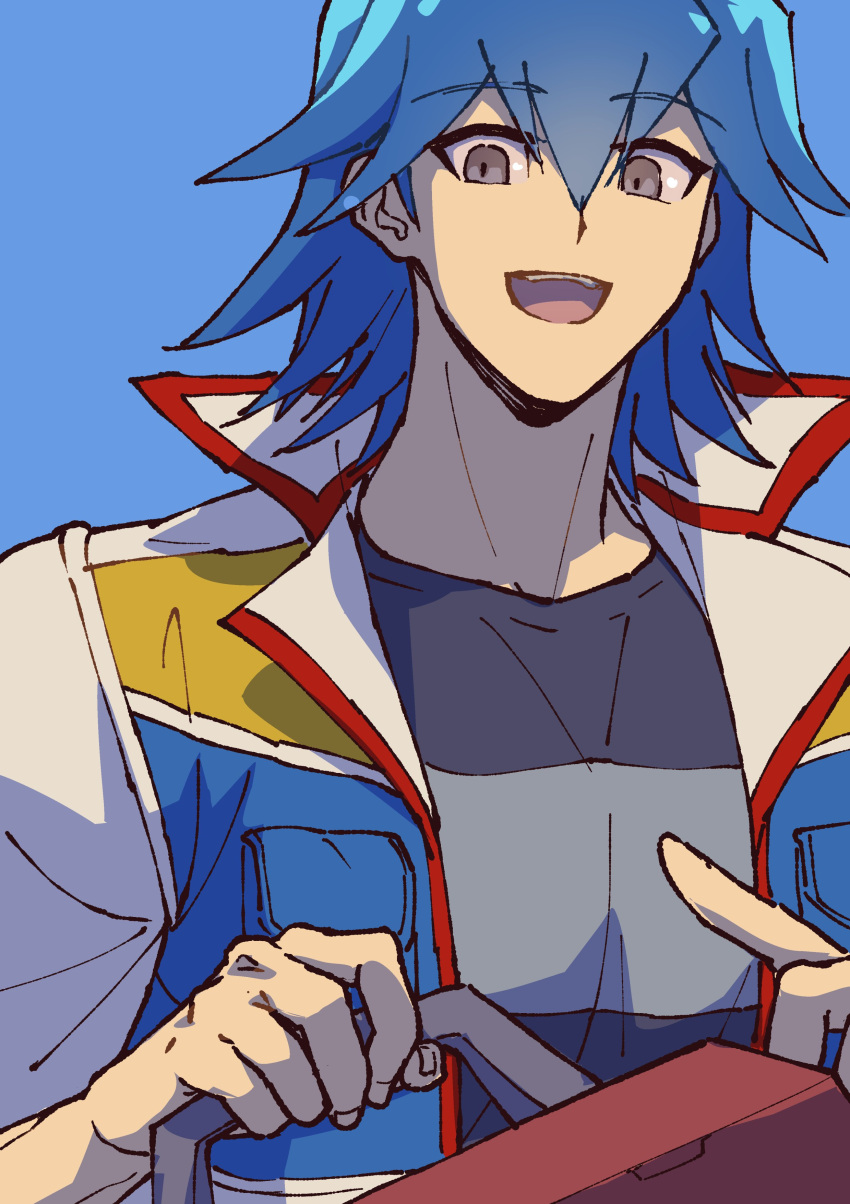 1boy absurdres blue_background blue_hair blue_shirt box bruno_(yu-gi-oh!) facing_viewer grey_eyes hand_up happy highres holding holding_box jacket looking_to_the_side male_focus open_clothes open_jacket open_mouth pointing pointing_to_the_side shirt short_hair simple_background smile solo toolbox white_jacket youko-shima yu-gi-oh! yu-gi-oh!_5d's