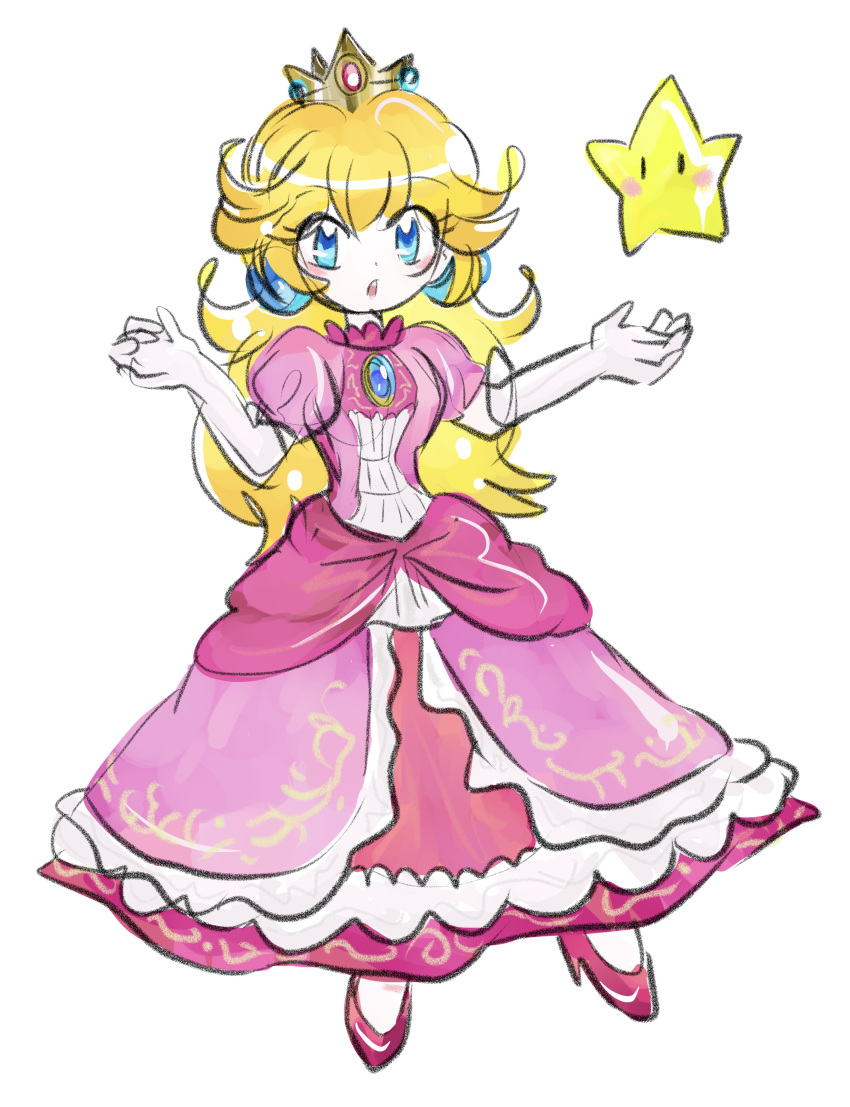 1girl absurdres blonde_hair blue_eyes blue_gemstone chest_jewel collared_dress commentary_request crown dress earrings elbow_gloves eyelashes frilled_dress frills full_body gem gloves gold_headwear high_heels highres jewelry long_dress long_hair mini_crown open_mouth pink_dress princess princess_peach puffy_short_sleeves puffy_sleeves rakugaki_shitagari-ya red_footwear short_sleeves solo sphere_earrings star_(symbol) super_mario_bros. super_smash_bros. super_star_(mario) teeth upper_teeth_only white_background white_gloves