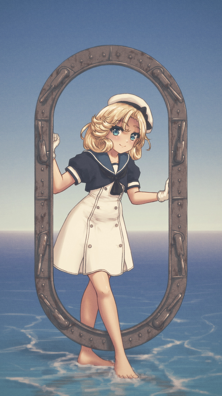 1girl absurdres barefoot black_neckerchief blonde_hair blue_eyes blue_sailor_collar blue_sky day dress full_body gloves hat highres janus_(kancolle) kantai_collection neckerchief ocean outdoors parted_bangs puffy_short_sleeves puffy_sleeves sailor_collar sailor_dress sailor_hat short_sleeves sky smile solo vorisar white_dress white_gloves white_headwear