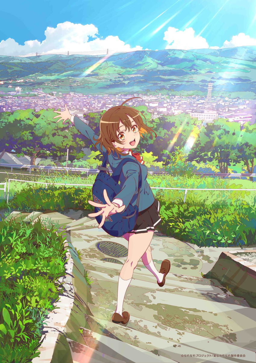 1girl absurdres ahoge backpack bag black_skirt blue_jacket blue_sky brown_eyes brown_footwear brown_hair building cityscape clouds collared_shirt colored_inner_hair day grass hair_between_eyes highres hill jacket key_visual leaf lens_flare loafers looking_at_viewer multicolored_hair nanare_hananare official_art open_mouth orange_hair outdoors outstretched_arms promotional_art school_uniform shirt shoes short_hair skirt sky smile socks solo stairs standing tree two-tone_hair walking white_shirt white_socks