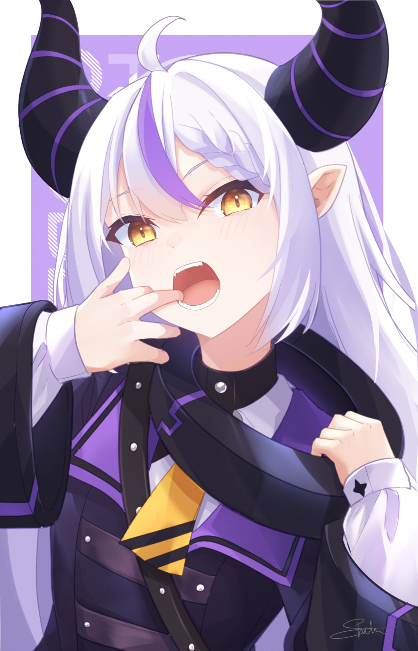 1girl absurdres ahoge black_collar braid coat collar finger_in_own_mouth highres hololive la+_darknesss la+_darknesss_(1st_costume) long_hair looking_at_viewer metal_collar multicolored_hair open_mouth pointy_ears purple_coat purple_hair shiinochi single_braid solo streaked_hair very_long_hair virtual_youtuber white_hair yellow_eyes