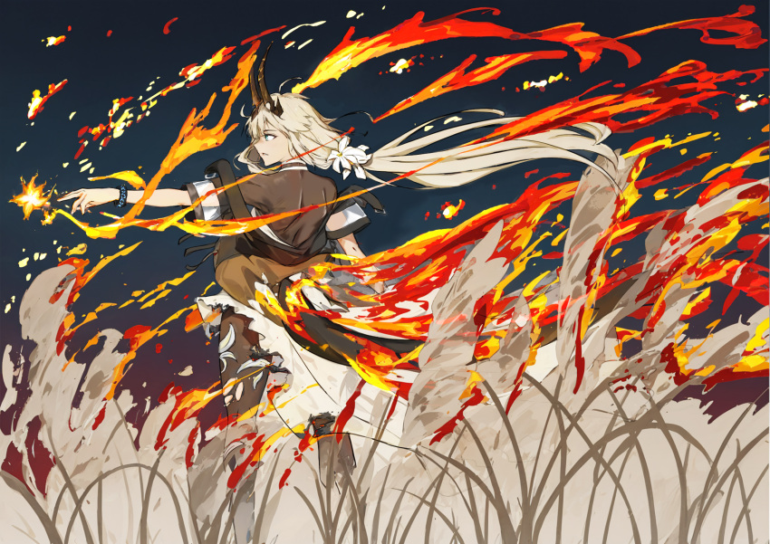 1girl arknights blonde_hair blue_eyes brown_pantyhose burning burning_clothes dragon_horns dragon_tail fire flower hair_flower hair_ornament highres horns infection_monitor_(arknights) long_hair originium_arts_(arknights) pantyhose reed_(arknights) reed_the_flame_shadow_(arknights) tail wheat zhong_er_bingde_er
