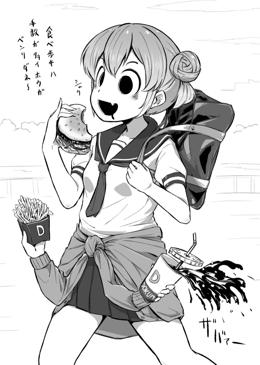 1girl 4shi bag braid breasts burger clothes_around_waist commentary_request cup dango-chan_(4shi) disposable_cup eating extra_arms fang food food_on_face french_fries greyscale highres hollow_eyes hollow_mouth miniskirt monochrome no_color original pleated_skirt school_bag school_uniform serafuku skin_fang skirt small_breasts solo spilling sweater sweater_around_waist translation_request twin_braids