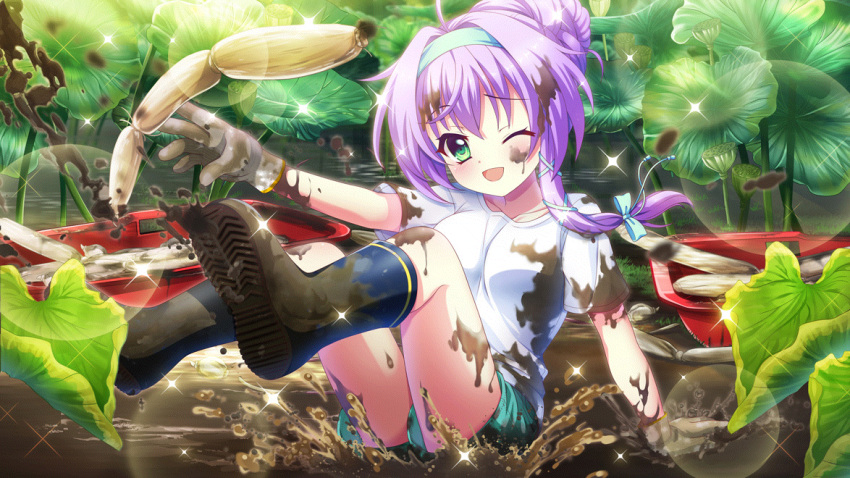 1girl ahoge aqua_shorts basket blue_bow blue_footwear blue_hairband blue_ribbon boots bow breasts dirty dirty_clothes dirty_face dot_nose fallen_down film_grain game_cg gloves green_eyes hair_bow hair_bun hair_ribbon hairband hokaze_kanade izumi_tsubasu large_breasts lens_flare lotus_leaf lotus_pod lotus_root medium_hair mud non-web_source official_art one_eye_closed open_mouth outdoors purple_hair re:stage! ribbon shirt shorts smile solo sparkle splashing t-shirt white_gloves white_shirt