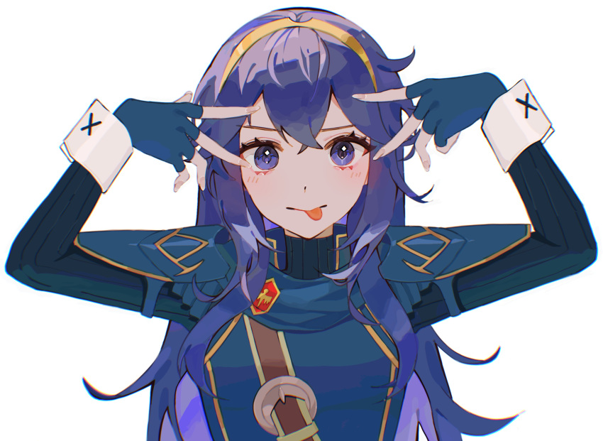 1girl ahoge belt black_shirt blue_eyes blue_hair blue_shirt cape commission crossed_bangs dot_nose double-parted_bangs double_v fire_emblem fire_emblem_awakening highres hoshino_ai's_pose long_hair looking_at_viewer lucina_(fire_emblem) mariirasuto7 ribbed_shirt shirt simple_background solo tiara tongue tongue_out v white_background
