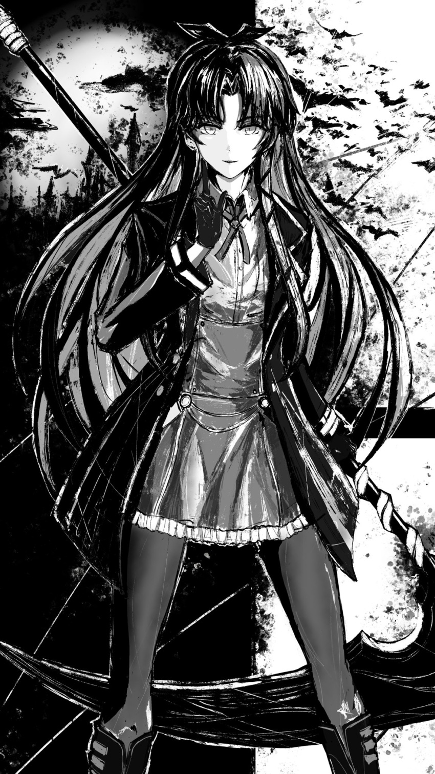 1girl bat_(animal) blunt_bangs bow coat curtained_hair dress eiyuu_densetsu english_commentary gloves hair_bow highres holding holding_scythe holding_weapon huge_weapon kuro_no_kiseki looking_at_viewer monochrome open_clothes open_coat renne_(eiyuu_densetsu) scythe solo thigh-highs weapon zeeta_no_kiseki