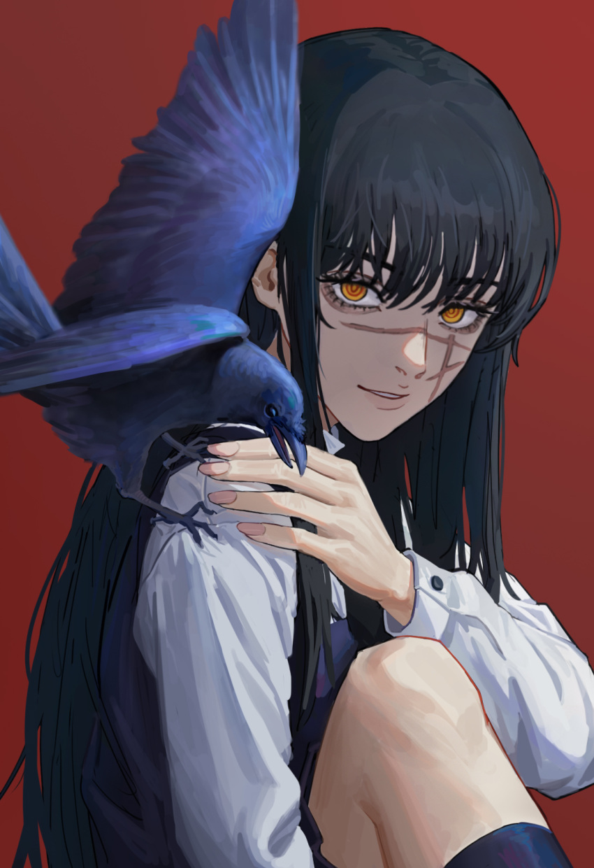1girl beak bird black_hair blue_bird chainsaw_man commentary_request highres long_bangs long_hair looking_at_viewer red_background ringed_eyes scar scar_on_face shirt sidelocks simple_background solo talons teeth white_shirt yellow_eyes yoru_(chainsaw_man) yukiwhite_0418