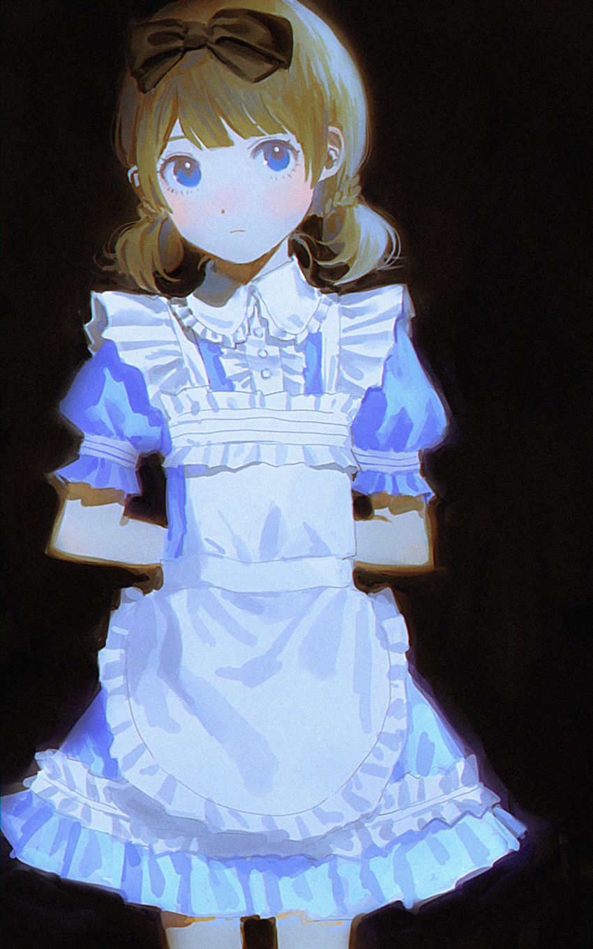 1girl absurdres alice_(alice_in_wonderland) alice_(alice_in_wonderland)_(cosplay) apron arms_behind_back black_background black_bow blue_dress blue_eyes bow brown_hair cosplay dot_nose dress expressionless flat_chest frilled_apron frills hair_bow highres idolmaster idolmaster_million_live! light_blush looking_at_viewer low_twintails medium_hair puffy_short_sleeves puffy_sleeves short_sleeves solo suou_momoko twintails white_apron yatatashira