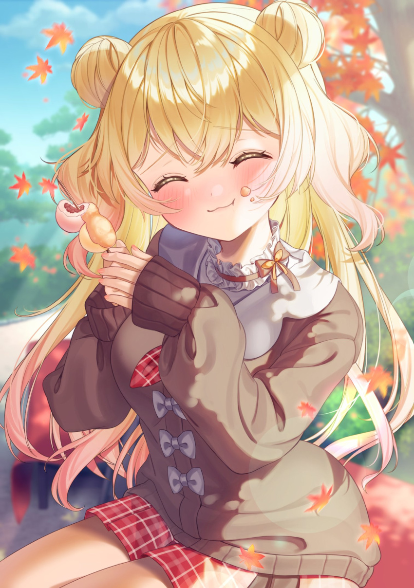 1girl :3 :t autumn_leaves bench blonde_hair blurry blurry_background blush brown_cardigan cardigan closed_eyes commentary_request double_bun fingernails food food_on_face food_request frilled_shirt_collar frills gradient_hair hair_bun highres hiyorou holding holding_food hololive leaf long_hair long_sleeves maple_leaf miniskirt momosuzu_nene momosuzu_nene_(2nd_costume) multicolored_hair neckerchief official_alternate_costume outdoors park_bench pink_hair plaid plaid_neckerchief plaid_skirt pleated_skirt red_neckerchief red_skirt self_borrowed_hairstyle shirt side_up_bun sitting sitting_on_bench skirt sleeves_past_wrists solo two_side_up virtual_youtuber white_shirt