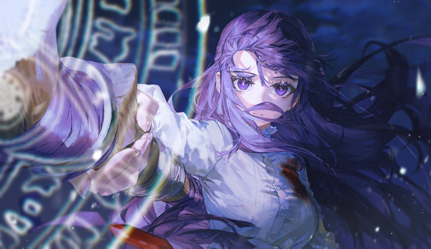 1girl blood blood_on_clothes breasts collar dress fern_(sousou_no_frieren) frilled_collar frills highres holding holding_staff large_breasts long_hair mage_staff magic purple_hair quasarcake solo sousou_no_frieren staff straight_hair violet_eyes white_dress