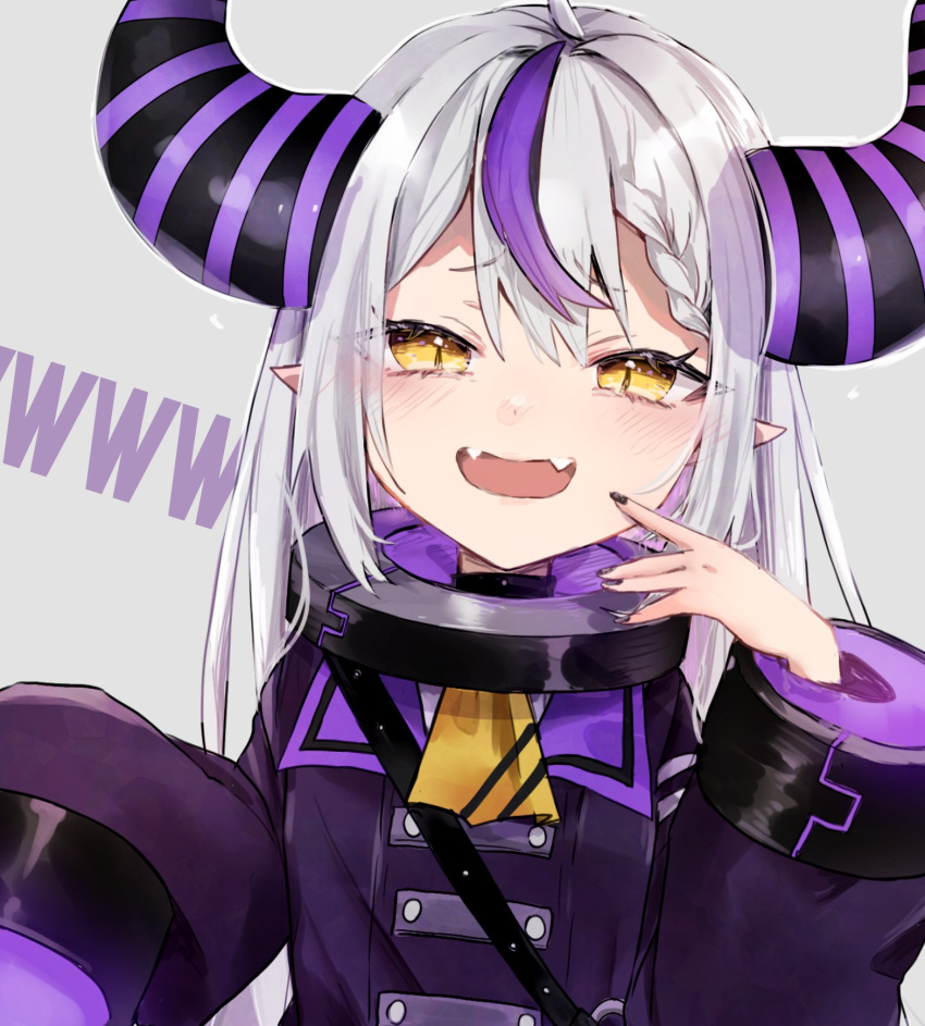 1girl ahoge akebisousaku black_horns black_nails braid braided_bangs coat collar fangs grey_hair highres hololive horns la+_darknesss la+_darknesss_(1st_costume) laughing long_hair looking_at_viewer metal_collar multicolored_hair open_mouth pointy_ears purple_coat purple_hair smile solo streaked_hair striped_horns virtual_youtuber yellow_eyes