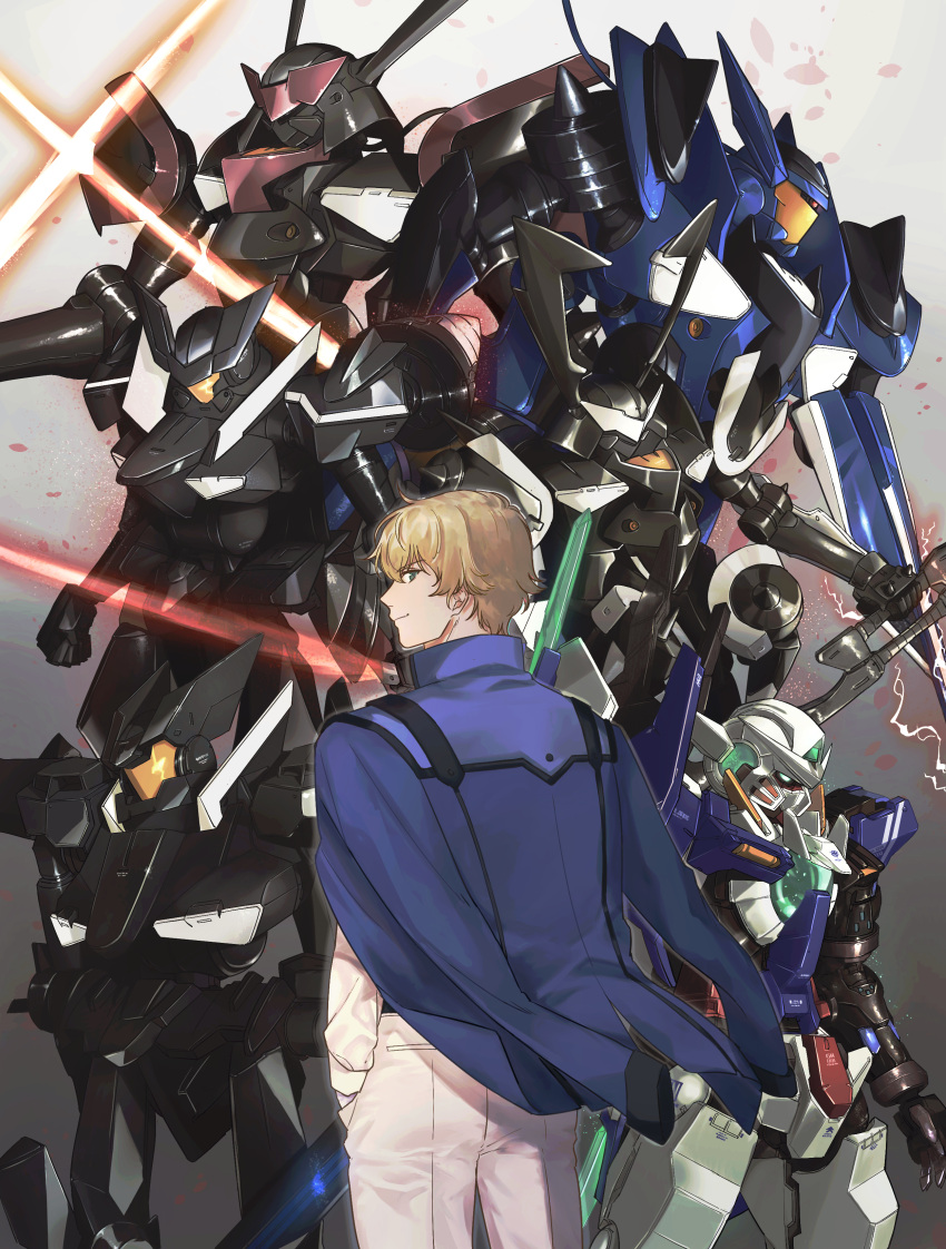 1boy absurdres armor assault_visor black_armor black_horns blonde_hair blue_armor blue_jacket brave_commander_test_type closed_mouth commentary_request electricity energy_sword flag_custom from_behind glowing glowing_eyes gn_drive graham_aker green_eyes gundam gundam_00 gundam_00_a_wakening_of_the_trailblazer gundam_exia_repair_iv hair_between_eyes hand_in_pocket highres holding holding_sword holding_weapon horns jacket jacket_on_shoulders light_particles light_smile lightsaber long_sleeves looking_at_viewer looking_back masurao mecha mechanical_arms mobile_suit nanao_parakeet pants robot science_fiction shirt short_hair susanoo_(gundam) sword union_flag upper_body v-fin weapon white_pants white_shirt yellow_eyes