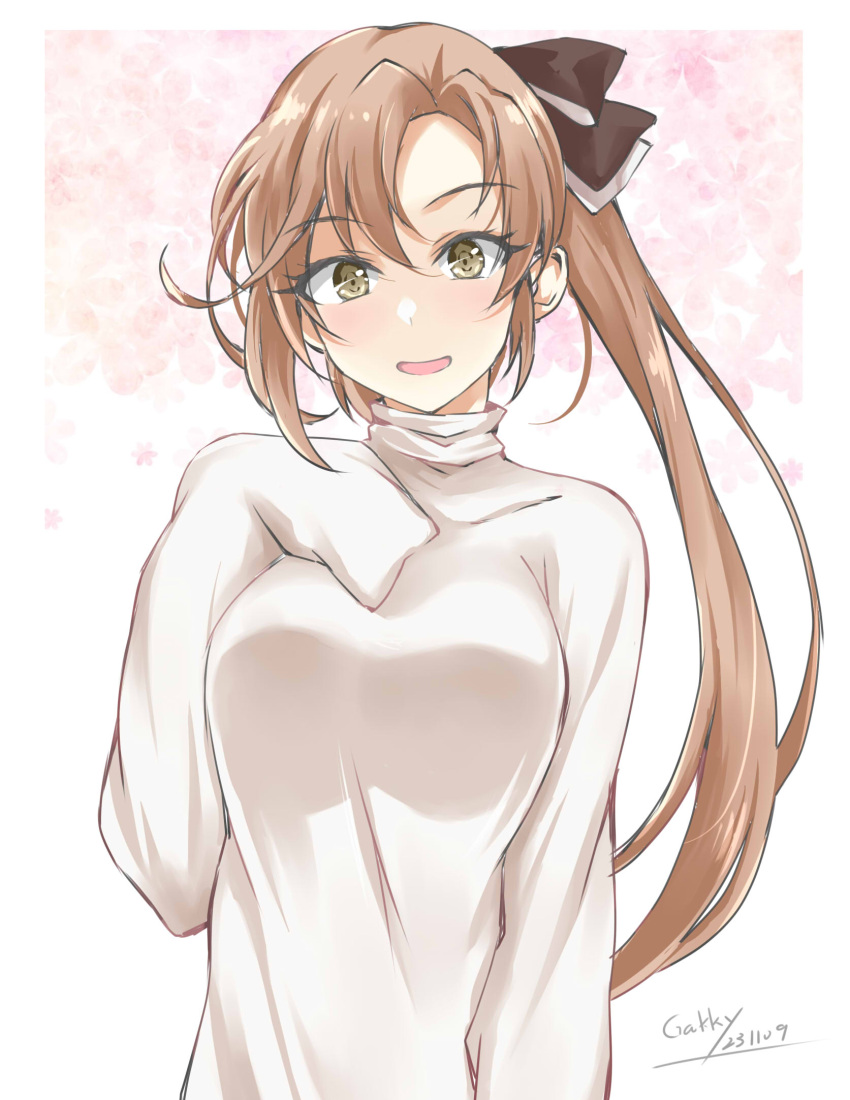 1girl akigumo_(kancolle) alternate_costume artist_name blue_eyes blush breasts brown_eyes brown_hair commentary_request dated floral_print gakky grey_sweater highres kantai_collection long_hair long_sleeves looking_at_viewer medium_breasts one-hour_drawing_challenge open_mouth ponytail simple_background smile solo sweater upper_body