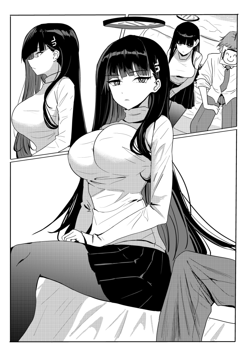 1boy 1girl arona's_sensei_doodle_(blue_archive) blue_archive breasts closed_mouth collared_shirt greyscale halo highres large_breasts long_hair long_sleeves monochrome necktie pants pantyhose pleated_skirt ringed_eyes rio_(blue_archive) sensei_(blue_archive) shirt short_hair shougun_(chuckni1) skirt sweater turtleneck turtleneck_sweater