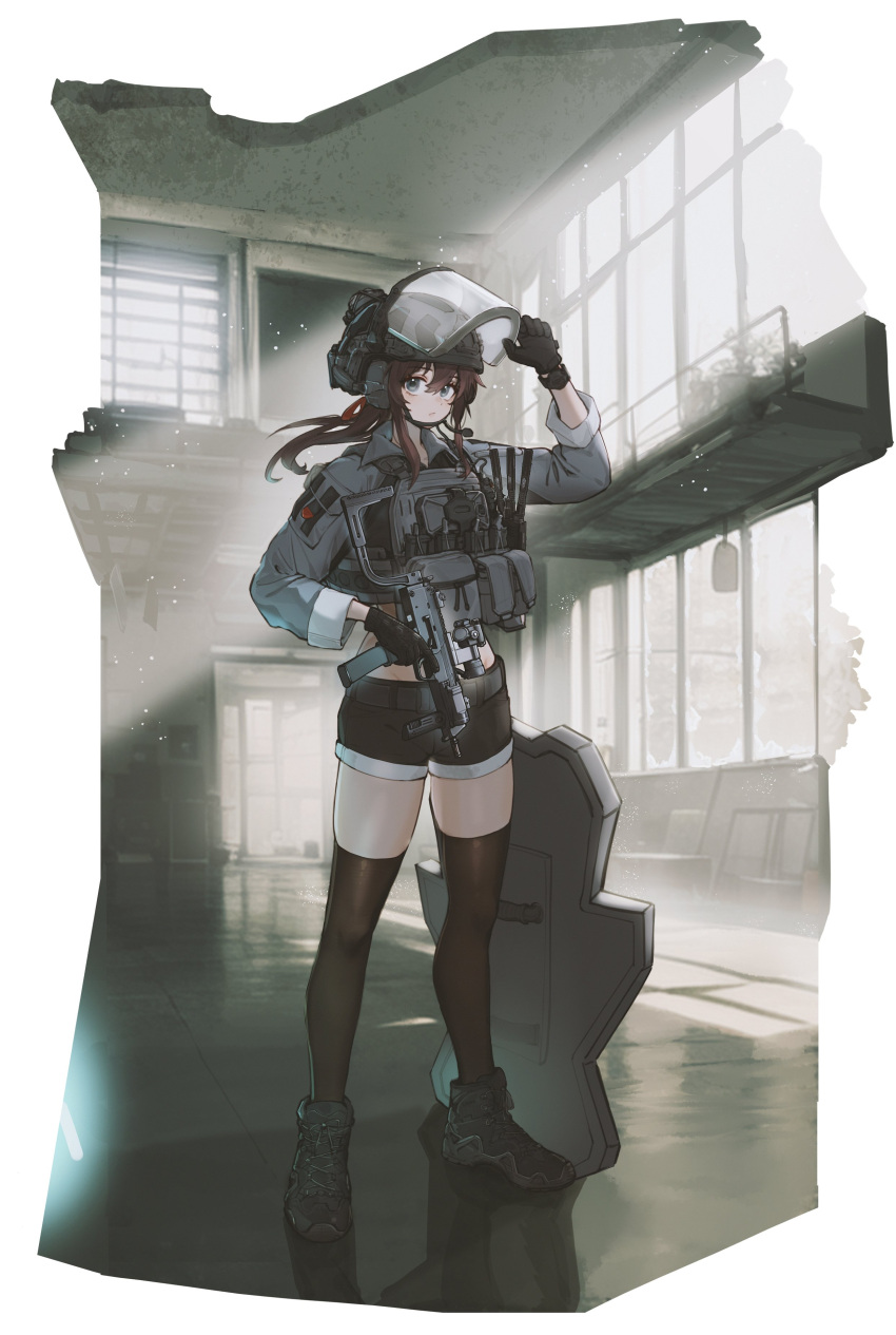 1girl absurdres ammunition_pouch black_footwear black_gloves black_shorts black_thighhighs blue_eyes broken_window brown_hair closed_mouth combat_helmet commission ear_protection flashlight full_body gloves grey_jacket gun h&amp;k_mp7 hair_between_eyes hand_up helmet highres holding holding_weapon indoors jacket light_particles long_hair long_sleeves magazine_(weapon) microphone optical_sight original plate_carrier pouch shield shoes short_shorts shorts sleeves_rolled_up solo submachine_gun termichan_(not-a-bot) thigh-highs trigger_discipline tuziki_sang visor_(armor) watch weapon