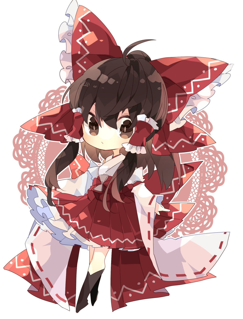 1girl adapted_costume ahoge alternate_costume back_bow bare_shoulders black_socks bow brown_eyes brown_hair chibi clothes_lift detached_sleeves flower_knot frilled_bow frilled_hair_tubes frilled_hakama frilled_skirt frills hair_bow hair_tubes hakama hakama_short_skirt hakama_skirt hakurei_reimu highres japanese_clothes kimono kneehighs lace_background long_sleeves looking_at_viewer medium_hair nikorashi-ka no_shoes one-hour_drawing_challenge ponytail red_bow red_hakama red_ribbon red_skirt ribbon ribbon-trimmed_sleeves ribbon_trim sidelocks skirt skirt_lift sleeve_ribbon sleeves_past_wrists socks solo touhou wavy_mouth white_background white_kimono white_sleeves wide_sleeves