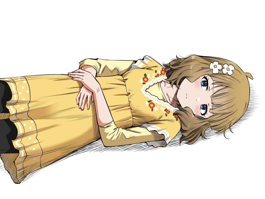 1girl ahoge black_pants blue_eyes blush brown_hair closed_mouth commentary_request dress flat_chest floral_print flower hair_flower hair_ornament hands_on_own_stomach highres idolmaster idolmaster_million_live! long_sleeves looking_at_viewer lying matcha_kingyo medium_hair on_floor pants print_dress serious sidelocks solo suou_momoko wavy_hair white_background yellow_dress