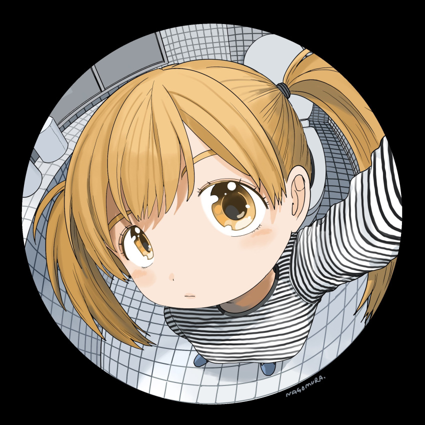 1girl arm_up artist_name bathroom black_border black_shirt blonde_hair blue_footwear border breasts close-up closed_mouth dot_nose double-parted_bangs fisheye from_above head_tilt highres light_blush long_hair long_sleeves looking_at_viewer nagomurasan original shirt small_breasts solo standing striped striped_shirt tile_floor tile_wall tiles toilet toilet_paper twintails white_shirt window yellow_eyes