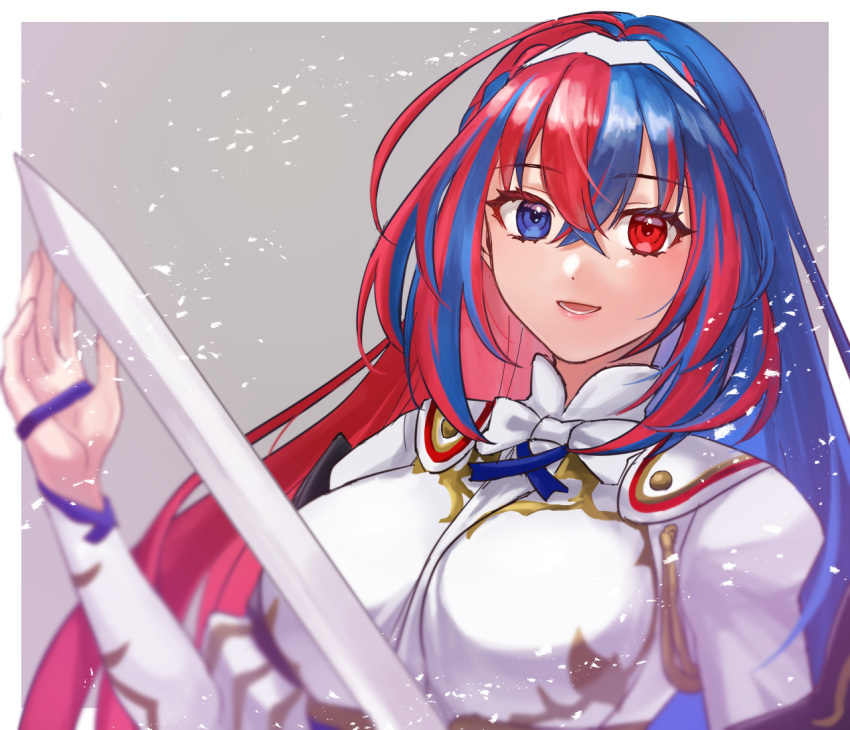 1girl alear_(female)_(fire_emblem) alear_(fire_emblem) blue_eyes blue_hair fire_emblem fire_emblem_engage hazuki_(nyorosuke) heterochromia holding holding_sword holding_weapon long_hair looking_at_viewer multicolored_hair open_mouth red_eyes redhead smile solo split-color_hair sword tiara two-tone_hair weapon
