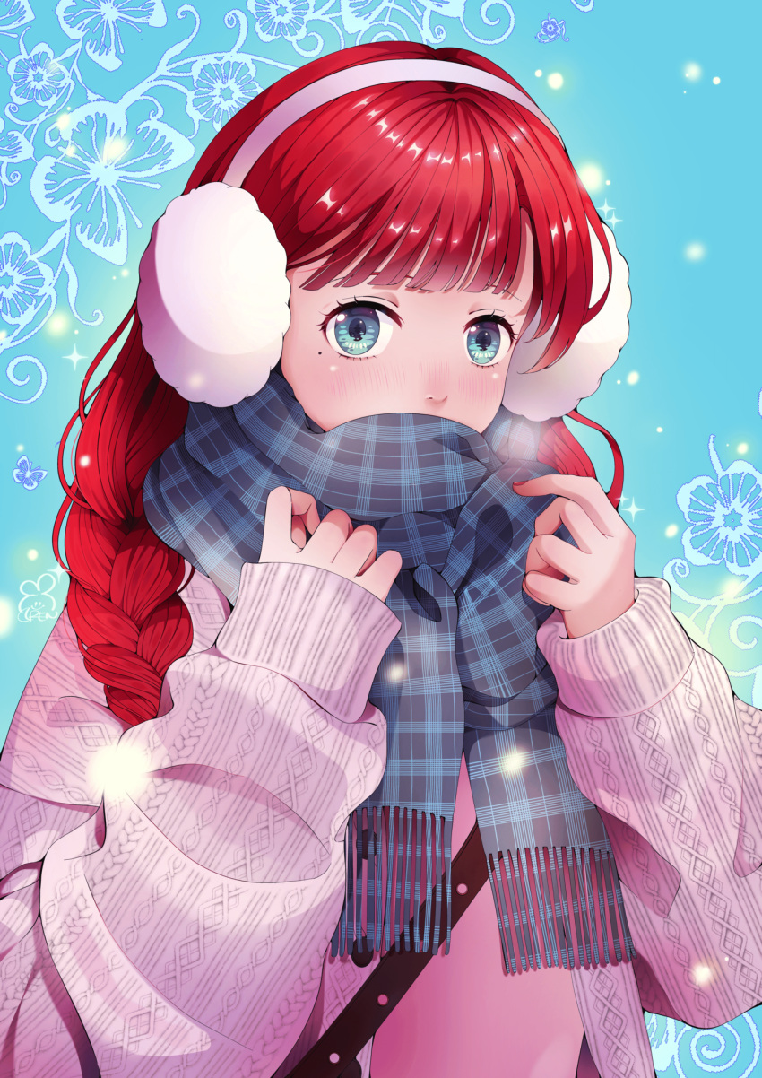 1girl bag blue_background blue_eyes blue_scarf blunt_bangs braid covered_mouth earmuffs hachimitsuren hands_up highres jacket long_hair long_sleeves looking_at_viewer mole mole_under_eye open_clothes open_jacket original pink_jacket pink_shirt plaid plaid_scarf redhead scarf scarf_over_mouth shirt shoulder_bag sleeves_past_wrists solo sparkle twin_braids upper_body winter