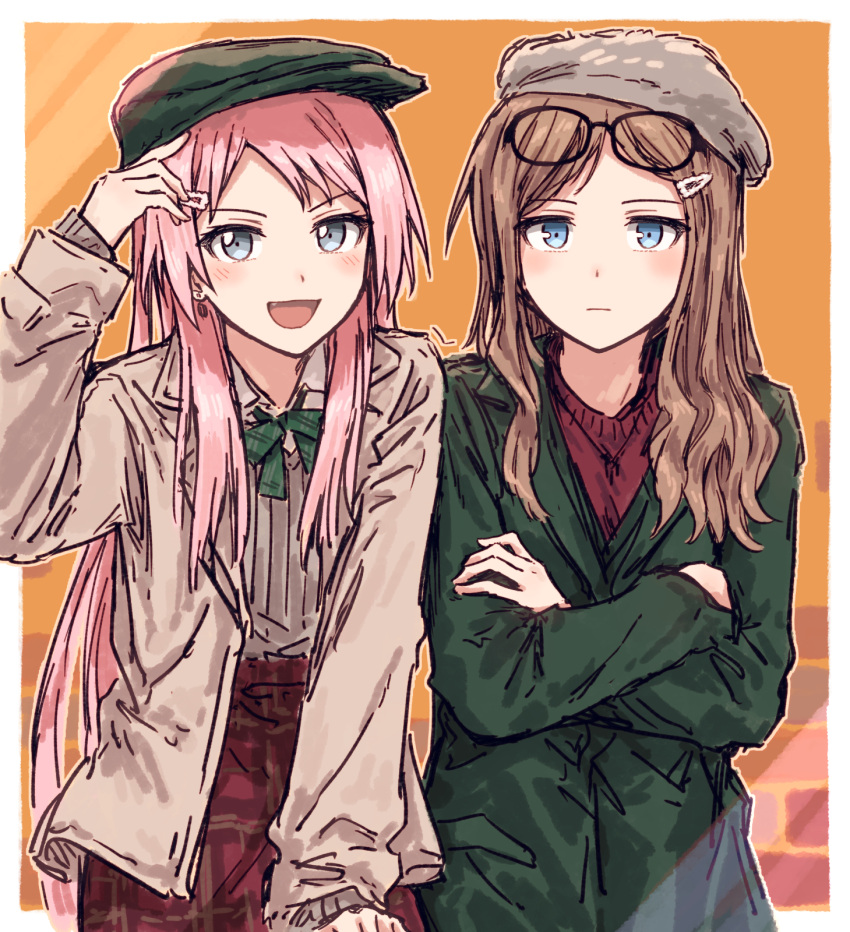 2girls adjusting_clothes adjusting_headwear arm_up bang_dream! bang_dream!_it's_mygo!!!!! beret blue_eyes blush border bow bowtie brown_jacket chihaya_anon closed_mouth collared_shirt cowboy_shot crossed_arms earrings eyewear_on_head fang flat_cap furukawa_wanosuke glasses green_bow green_bowtie green_headwear green_jacket grey_eyes grey_headwear grey_sweater hair_ornament hairclip hat highres jacket jewelry long_hair long_sleeves looking_at_viewer multiple_girls nagasaki_soyo open_mouth orange_background outline outside_border pink_hair red_skirt red_sweater shirt sidelocks skirt sweater white_border white_outline white_shirt