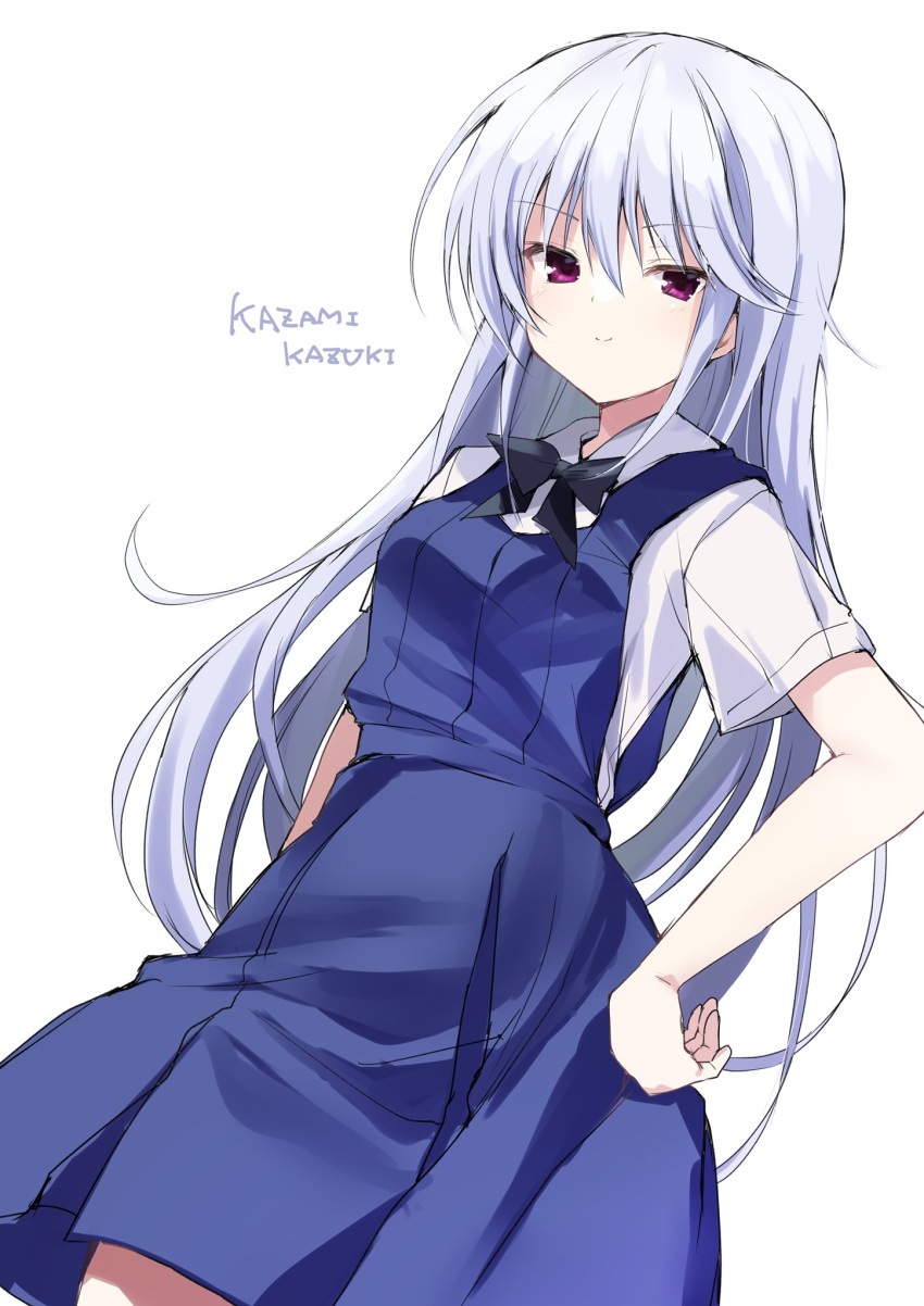 &gt;:) 1girl arm_at_side black_bow black_bowtie blue_dress bow bowtie breasts character_name closed_mouth commentary_request cowboy_shot dress from_below grisaia_(series) grisaia_no_kajitsu hair_between_eyes hand_on_own_hip highres kazami_kazuki light_blush long_hair looking_at_viewer school_uniform shirt short_sleeves sidelocks simple_background sleeveless sleeveless_dress small_breasts smile smug solo standing takepoison tsurime v-shaped_eyebrows very_long_hair violet_eyes white_background white_hair white_shirt
