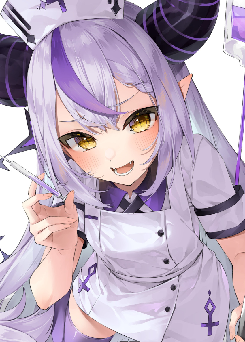 1girl absurdres ahoge black_horns braid braided_bangs grey_hair hat highres holding holding_syringe hololive horns izumi_kei la+_darknesss long_hair looking_at_viewer multicolored_hair nurse nurse_cap open_mouth pointy_ears purple_hair purple_thighhighs smile solo streaked_hair striped_horns syringe thigh-highs virtual_youtuber yellow_eyes