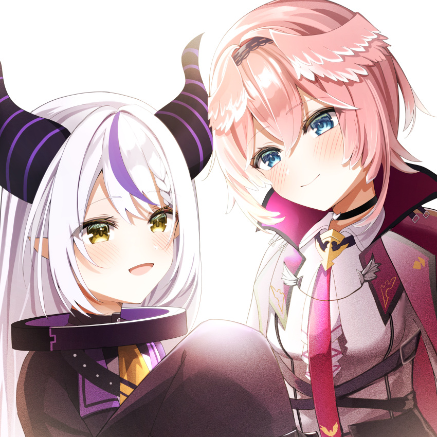 2girls absurdres black_choker black_collar blue_eyes blush braid choker closed_mouth coat collar collared_shirt head_wings highres hololive horns la+_darknesss la+_darknesss_(1st_costume) long_hair looking_at_another medium_hair metal_collar multiple_girls open_mouth pink_hair pointy_ears purple_coat shirt single_braid sleeves_past_fingers sleeves_past_wrists smile takane_lui takane_lui_(1st_costume) torimuraa very_long_hair virtual_youtuber white_shirt wings yellow_eyes