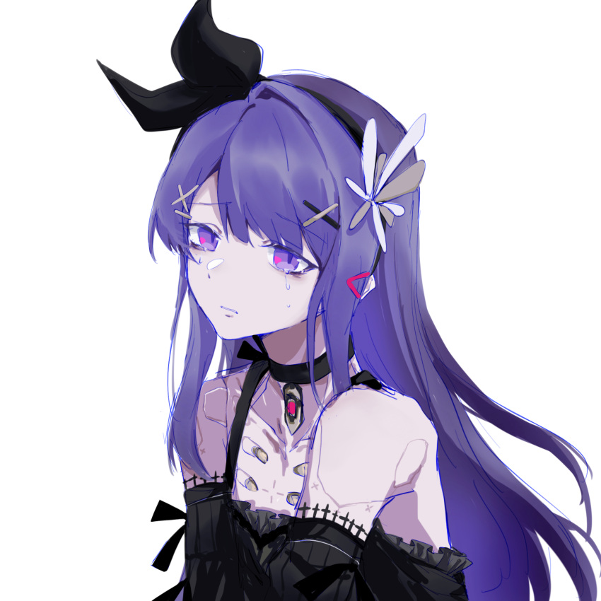 1boy bare_shoulders beizhi black_choker black_dress black_hairband chinese_commentary choker commentary crying crying_with_eyes_open detached_sleeves dress flower flower_hairband hair_flower hair_ornament hairband hairclip highres lithos_(punishing:_gray_raven) long_hair mechanical_parts otoko_no_ko parted_lips punishing:_gray_raven purple_hair solo tears triangle_hair_ornament violet_eyes white_background x_hair_ornament