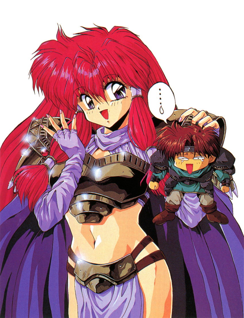 ... 1990s_(style) 1boy 1girl armor blue_eyes branmarker brown_hair cape chibi constricted_pupils elbow_gloves fingerless_gloves glint gloves hair_tubes highres long_hair nail_polish navel non-web_source open_mouth pauldrons pelvic_curtain pink_nails purple_gloves redhead retro_artstyle scan shami_(branmarker) shoulder_armor simple_background size_difference solo_focus speech_bubble spoken_ellipsis tears white_background