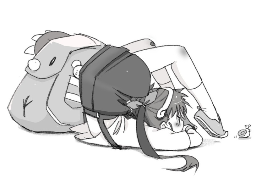 1girl acrobatics arched_back backpack bag bakemonogatari blush bow commentary_request from_side full_body hachikuji_mayoi hair_bow hairband itoma_mahimahi knee_blush looking_at_animal lying monochrome monogatari_(series) on_stomach pleated_skirt shirt shoes sidelocks simple_background skirt snail snail_girl sneakers socks solo stuffed_animal stuffed_toy suspender_skirt suspenders teddy_bear toes_up twintails white_background white_shirt white_socks wristlet