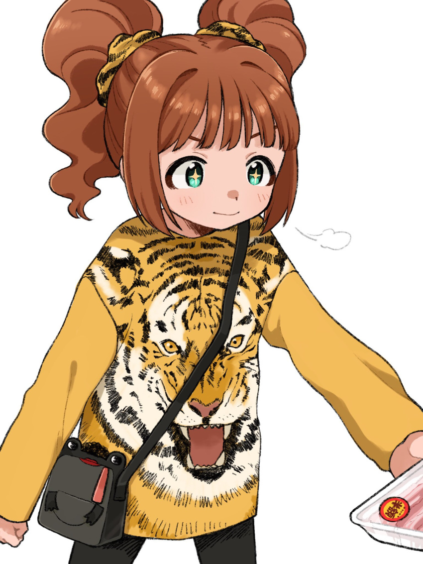 1girl =3 animal_print bag black_bag black_pants brown_hair commentary_request cowboy_shot food green_eyes hair_ornament hair_scrunchie handbag highres holding holding_food idolmaster idolmaster_(classic) meat medium_hair naruse_ill pants sale scrunchie shoulder_bag simple_background solo star-shaped_pupils star_(symbol) sweater symbol-shaped_pupils takatsuki_yayoi tiger tiger_print twintails white_background yellow_sweater