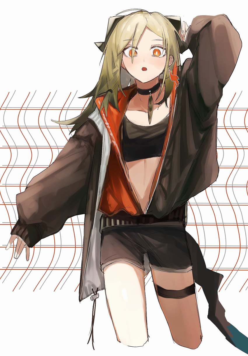 1girl :o arknights black_choker black_jacket black_shorts black_sports_bra blonde_hair choker collarbone commentary_request demon_horns gradient_hair highres horns ifrit_(arknights) jacket long_hair long_sleeves looking_at_viewer midriff multicolored_hair official_alternate_costume open_clothes open_jacket open_mouth orange_eyes senjou_no_pentsu shorts simple_background sleeves_past_wrists solo sports_bra tail white_background