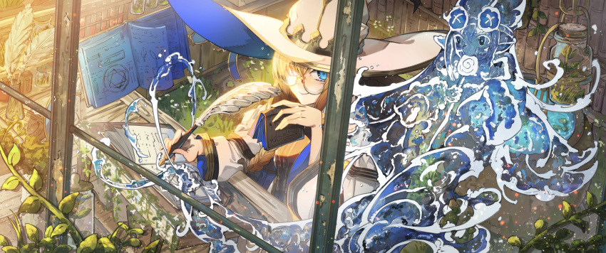 1girl absurdres blonde_hair blue_eyes book fate/grand_order fate_(series) glasses habetrot_(fate) hat highres holding holding_book holding_quill lankuchashuangjielong long_hair magic open_book plant quill smile tonelico_(fate) water witch_hat writing