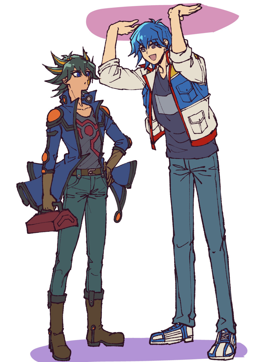 2boys :o absurdres arms_up belt black_hair black_shirt blue_eyes blue_footwear blue_hair blue_jacket blue_shirt boots box brown_eyes brown_footwear brown_gloves bruno_(yu-gi-oh!) denim elbow_gloves elbow_pads facial_mark facial_tattoo fudou_yuusei gloves green_pants hand_on_own_hip happy highres holding holding_box jacket jeans leather_belt male_focus multicolored_hair multiple_boys open_clothes open_jacket open_mouth pants shirt shoes short_hair shoulder_pads simple_background sleeves_rolled_up smile spiky_hair standing streaked_hair tattoo toolbox white_jacket youko-shima yu-gi-oh! yu-gi-oh!_5d's